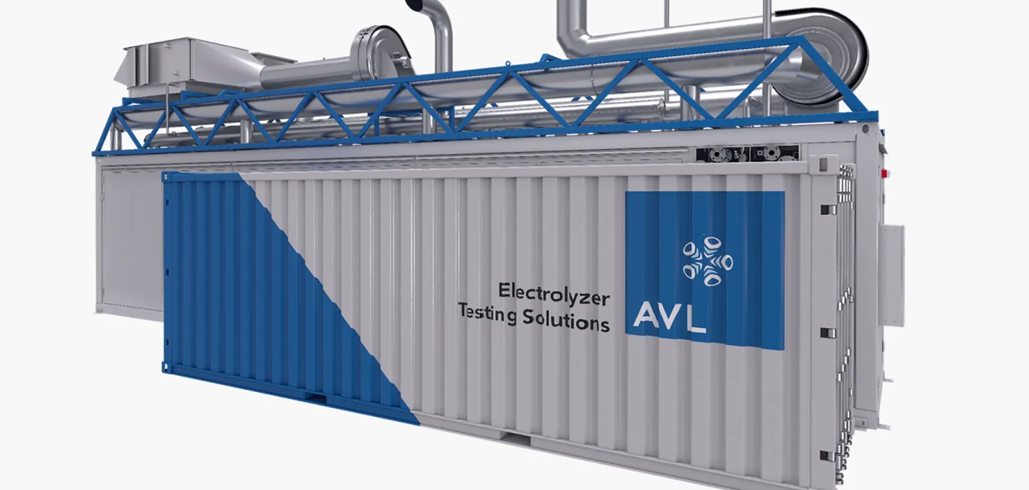 rendering of electrolyzer in a container with pipes on the roof