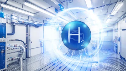 "H2" in a blue bubble in front of a heavy duty emissions testbed