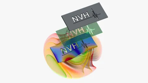 logo of avl nvh solutions. sphere of energy with plates above reading nvh