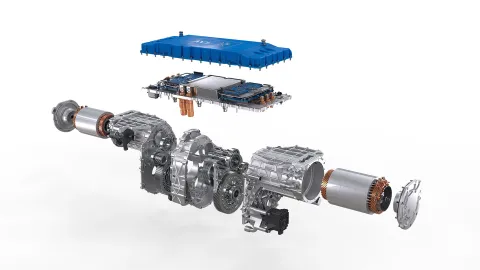 e-axle seen in a explosion view which reveeals all components