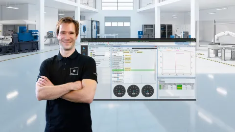 Man standing infront of a transparent user interface