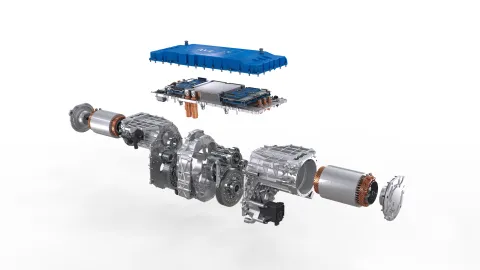 Image of an e-axle in its individual parts