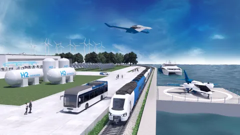 selection of vehicles including a two planes, train, bus and passenger ferry moving towards the front of the image