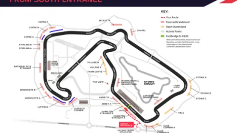 Map displaying the Silverstone Circuit with journey to Hilton Garden Inn outlined