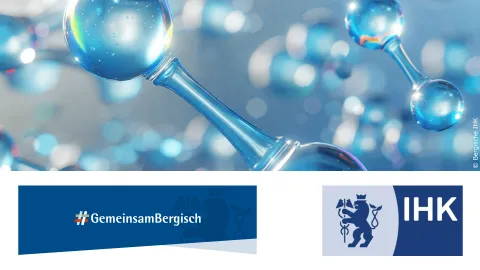 Blue molecules and #GemeinsamBergisch with IHK logo on a banner.