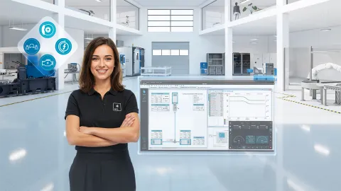 Woman standing in a virtual room next to GUI