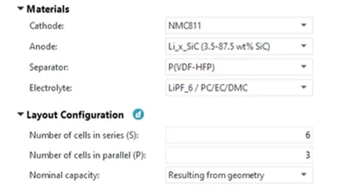 Parameterized electrodes, separator and electrolyte materials are selected.