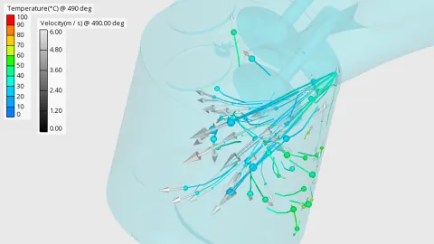 Figure 4: Gasoline direct injection visualized with Pathlines. Pathlines are colored by droplet temperature. Arrow glyphs depict instantaneous droplet velocities.
