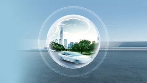 A futuristic cityscape with skyscrapers and trees enclosed in a transparent digital sphere featuring a cloud icon, with a blurred white car driving in the foreground under a clear blue sky.