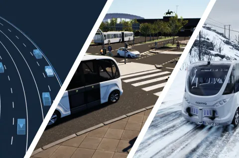 A simulation image, an autonomous bus at an intersection in summer, an autonomous bus on the road in winter