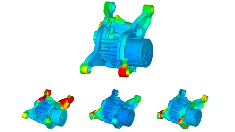 Figure 2: Top: Global movement of the e-drive housing. Bottom: Eigenforms of the three most contributing eigenmodes 35, 37, 38 (from left to right).